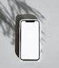 Blank smartphone screen on gray background with artistic leaf shadow.